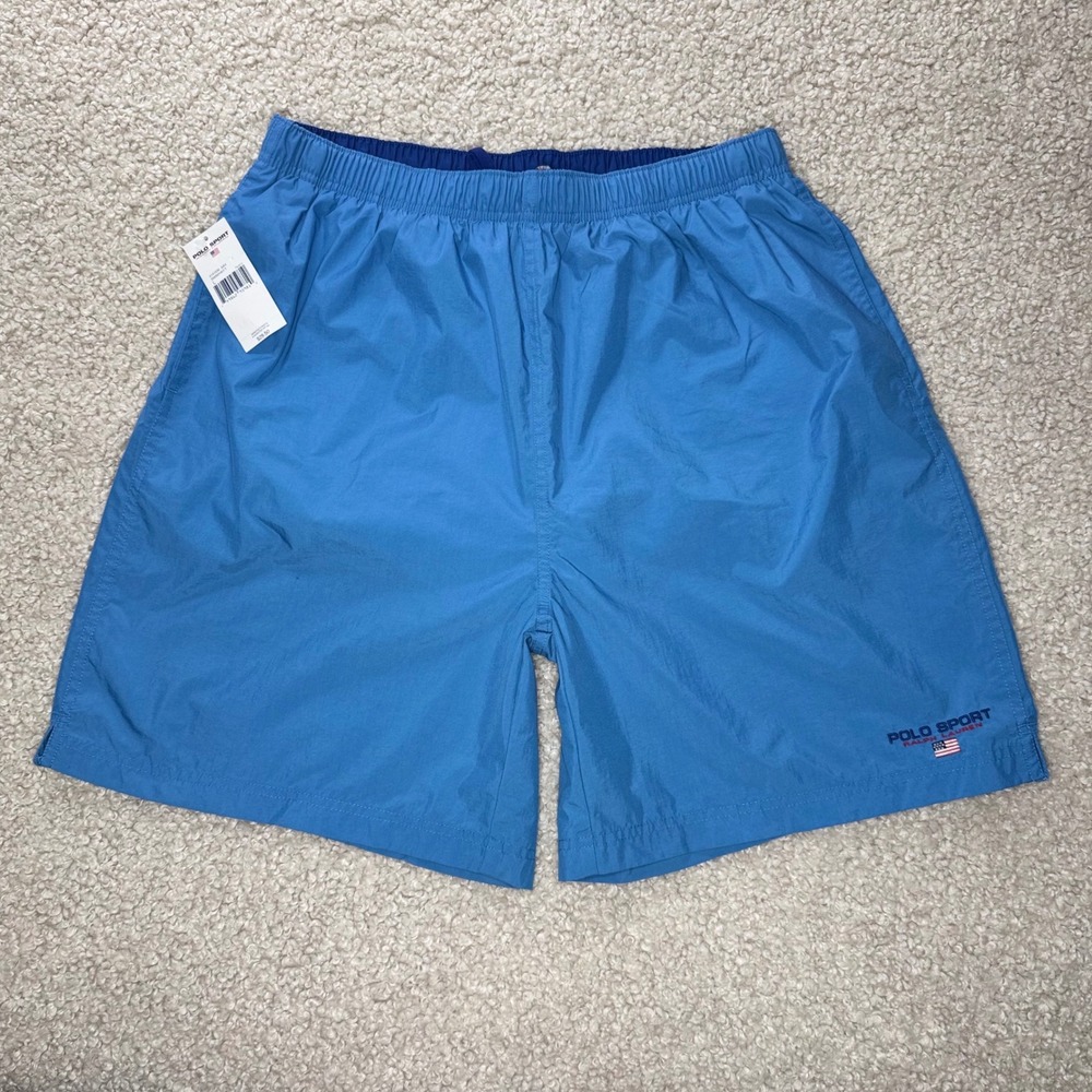 New Vintage 90s Polo Sport Ralph Lauren Light Blue Swim Trunks Large Deadstock